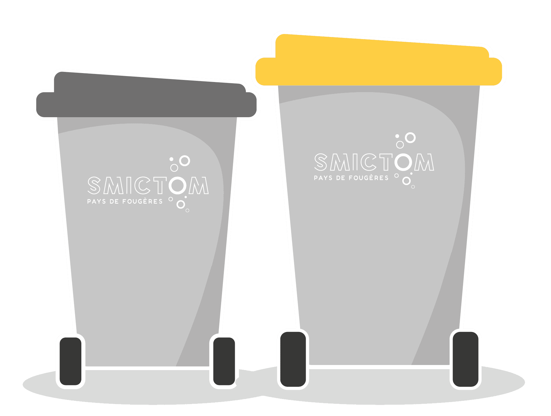 Bacs de collecte, ordures ménagères à couvercle gris et emballages à couvercle jaune.